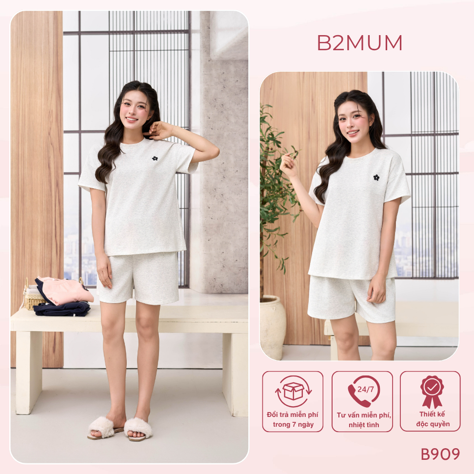 Bộ Bầu Cotton Hàn Thêu Hoa – Đồ Bộ Mặc Nhà Thoáng Mát Cho Mẹ Bầu & Sau Sinh, Quần Có Chun Chỉnh Tender Set B909 By B2MUM