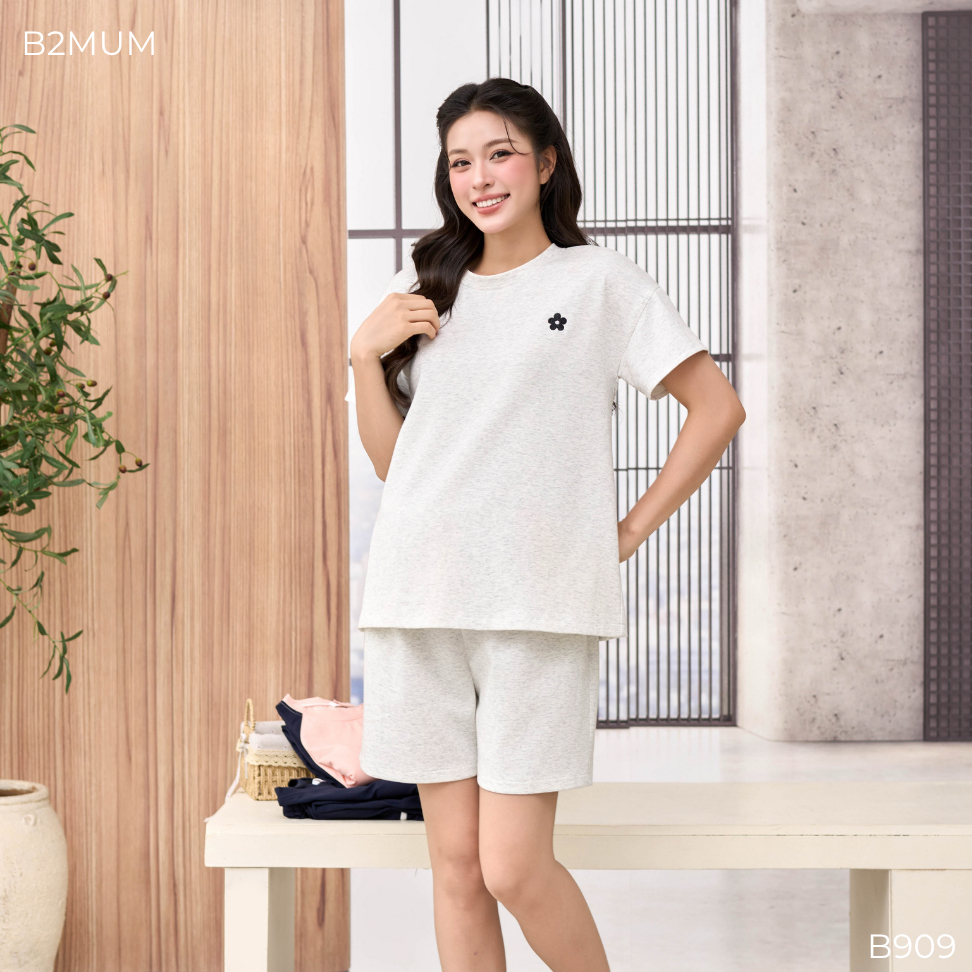Bộ Bầu Cotton Hàn Thêu Hoa – Đồ Bộ Mặc Nhà Thoáng Mát Cho Mẹ Bầu & Sau Sinh, Quần Có Chun Chỉnh Tender Set B909 By B2MUM