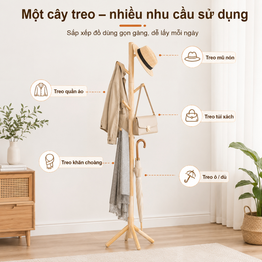 Cây Treo Quần Áo Đứng CONOCO Gỗ Tự Nhiên Nhiều Móc Treo Áo Túi Mũ Tiết Kiệm Diện Tích