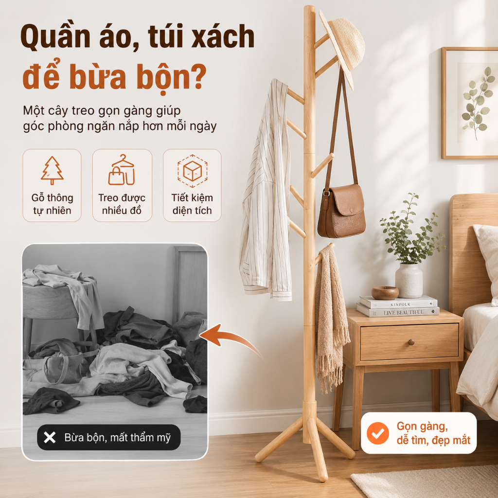 Cây Treo Quần Áo Đứng CONOCO Gỗ Tự Nhiên Nhiều Móc Treo Áo Túi Mũ Tiết Kiệm Diện Tích