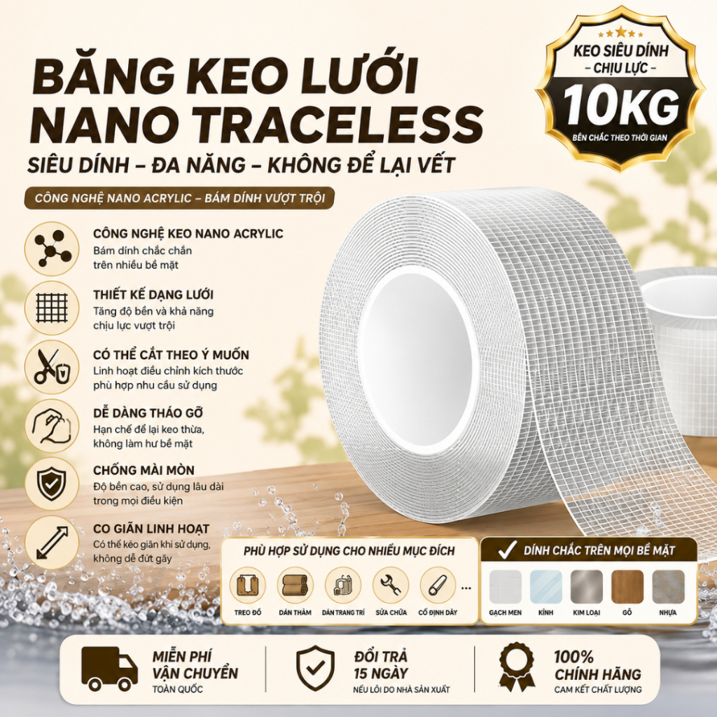 [Mới] Băng keo 2 mặt nano lưới siêu dính chịu lực tốt không thấm nước không để lại keo