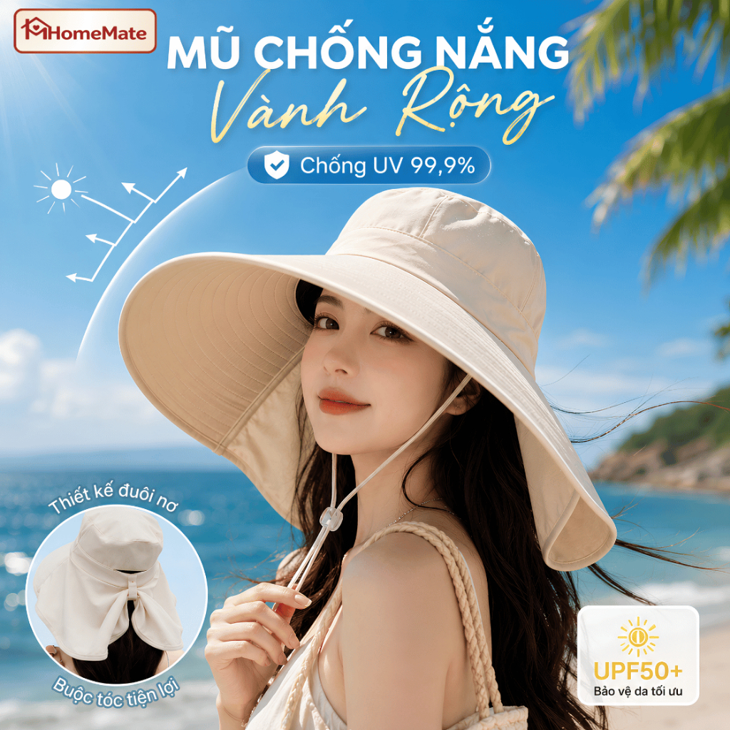 Mũ Chống Nắng Rộng Vành HomeMate Kèm Khăn Choàng Che Cổ, Chống Tia UV, Gấp Gọn Tiện Lợi