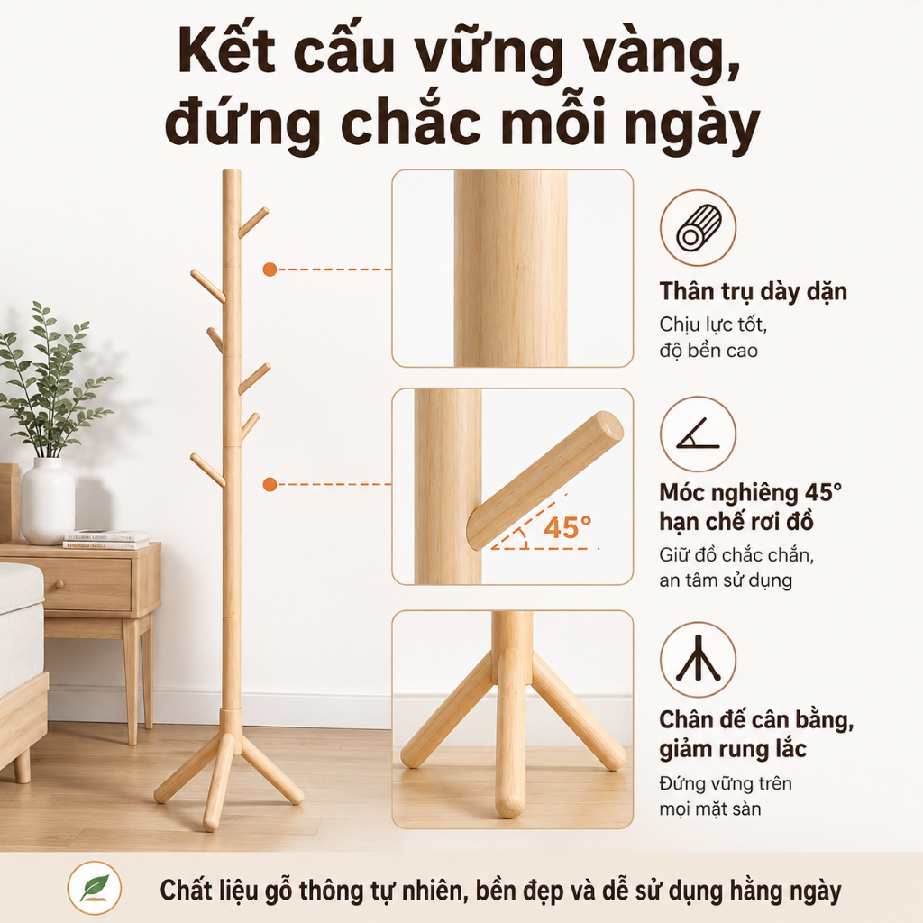 Cây Treo Quần Áo Đứng CONOCO Gỗ Tự Nhiên Nhiều Móc Treo Áo Túi Mũ Tiết Kiệm Diện Tích
