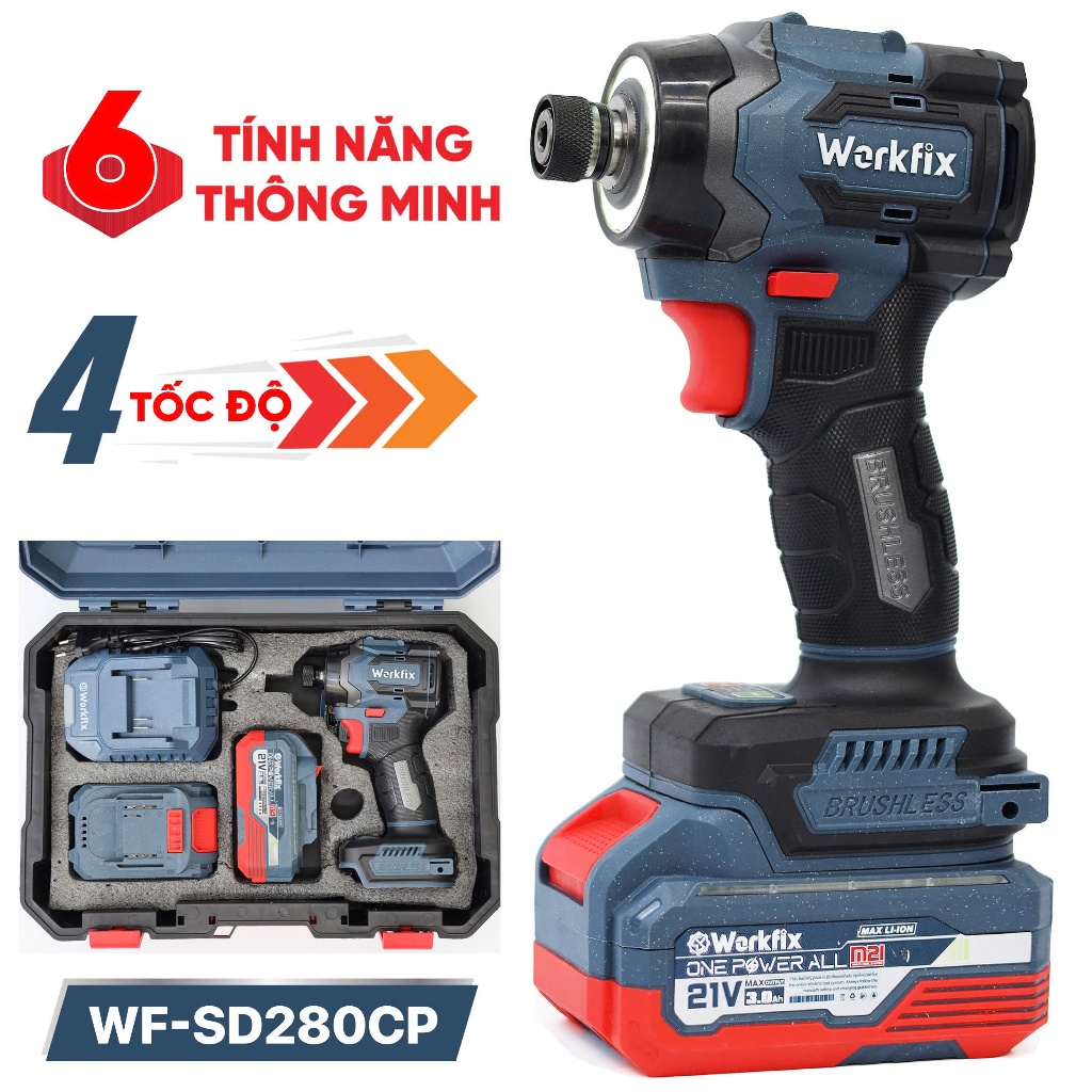 Máy chuyên vít pin Workfix WF-SD280CP - Máy bắt vít Không chổi than lực siết 280Nm 2 PIN Chân pin phổ thông