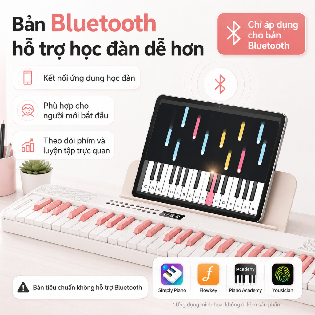 Đàn Piano Điện Gấp Gọn 61 Phím, Đàn Organ Mini Cho Bé & Người Mới Học, Pin Sạc, Cổng Tai Nghe, Bản Bluetooth