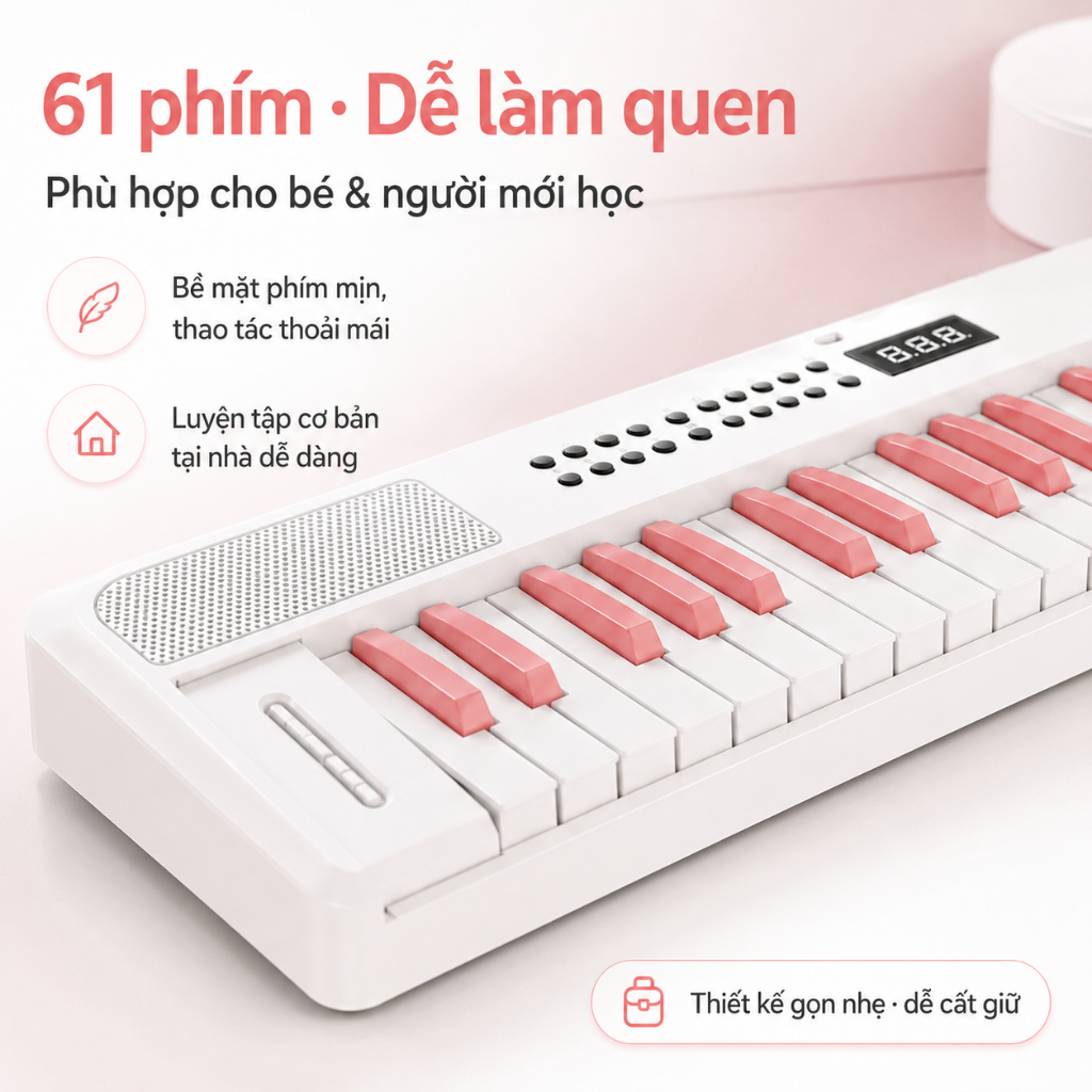 Đàn Piano Điện Gấp Gọn 61 Phím, Đàn Organ Mini Cho Bé & Người Mới Học, Pin Sạc, Cổng Tai Nghe, Bản Bluetooth