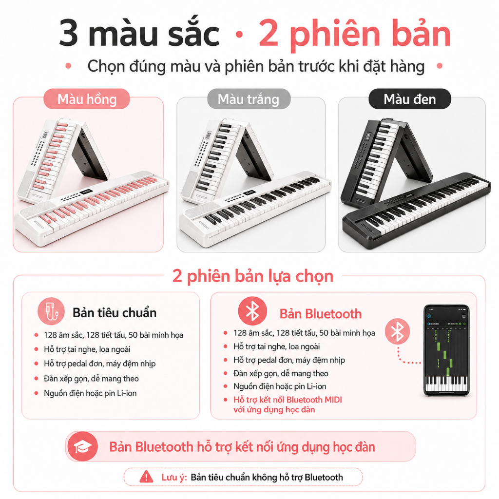 Đàn Piano Điện Gấp Gọn 61 Phím, Đàn Organ Mini Cho Bé & Người Mới Học, Pin Sạc, Cổng Tai Nghe, Bản Bluetooth