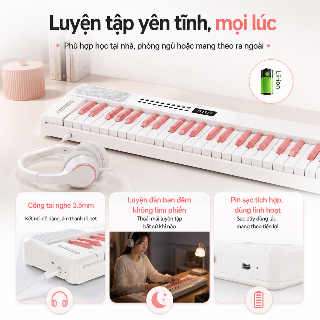 Đàn Piano Điện Gấp Gọn 61 Phím, Đàn Organ Mini Cho Bé & Người Mới Học, Pin Sạc, Cổng Tai Nghe, Bản Bluetooth