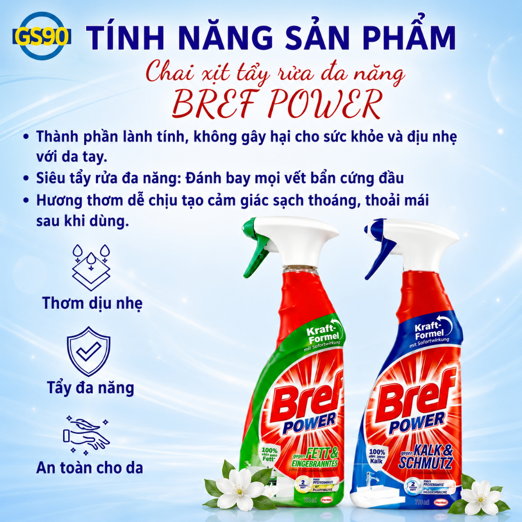 Xịt Tẩy Rửa Đa Năng Bref 750ml Hàng Đức Tẩy Dầu Mỡ, Tẩy Cặn Canxi Inox, Tẩy Mốc, Diệt Khuẩn 99.9%