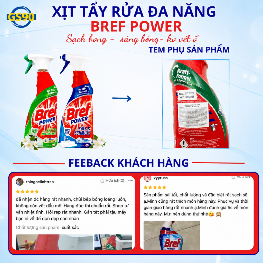 Xịt Tẩy Rửa Đa Năng Bref 750ml Hàng Đức Tẩy Dầu Mỡ, Tẩy Cặn Canxi Inox, Tẩy Mốc, Diệt Khuẩn 99.9%