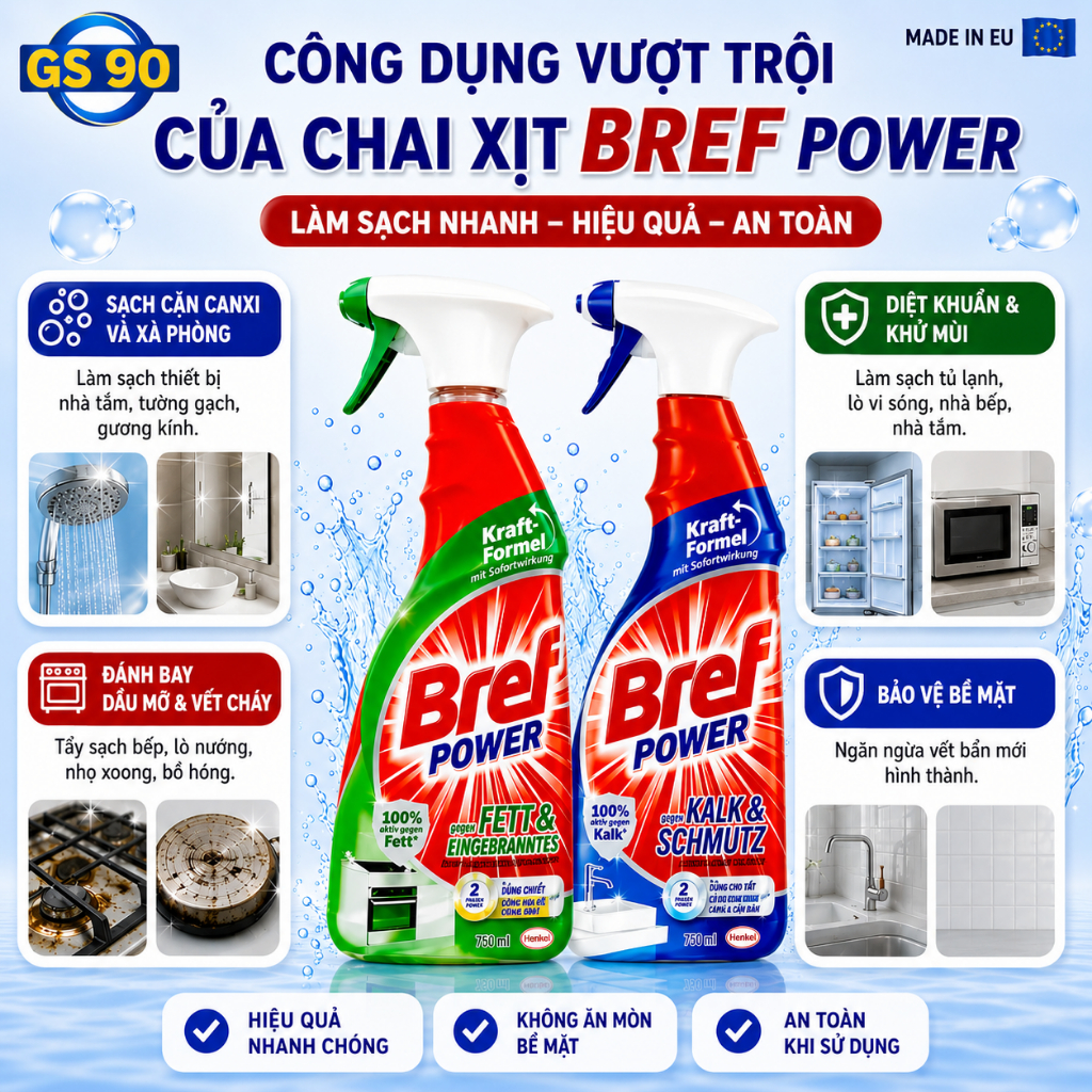 Xịt Tẩy Rửa Đa Năng Bref 750ml Hàng Đức Tẩy Dầu Mỡ, Tẩy Cặn Canxi Inox, Tẩy Mốc, Diệt Khuẩn 99.9%