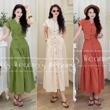 Sét Váy Linen Cotton Có Túi LEOSWEARING Cổ V Tay Ngắn Kèm Chân Váy Đính Hàng Nút Màu G381 G383