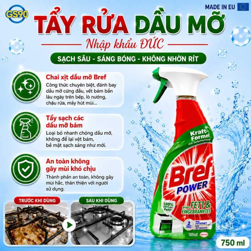 Xịt Tẩy Rửa Đa Năng Bref 750ml Hàng Đức Tẩy Dầu Mỡ, Tẩy Cặn Canxi Inox, Tẩy Mốc, Diệt Khuẩn 99.9%