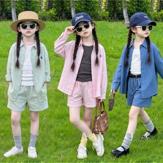 Bộ Đũi Trẻ Em Bé Gái Áo Sơ Mi Và Quần Short Mềm Mát Size 17-45kg