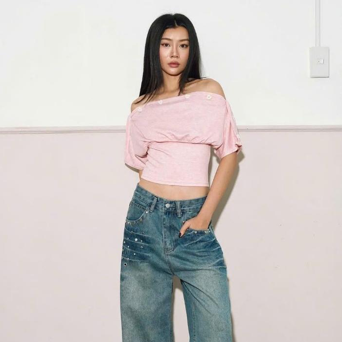 Áo Trễ Vai Cộc Tay Croptop Cúc Nổi Layer Nhiều Kiểu BUTTON TOP Ôm Eo Màu Trơn Basic Co Giãn SAN Clothings - P03