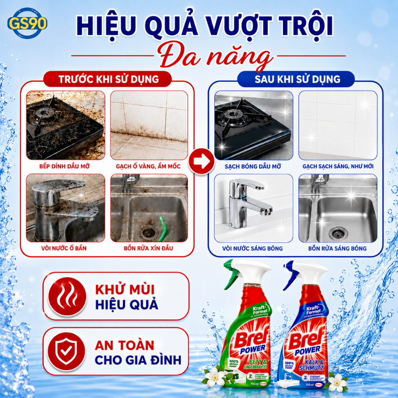 Xịt Tẩy Rửa Đa Năng Bref 750ml Hàng Đức Tẩy Dầu Mỡ, Tẩy Cặn Canxi Inox, Tẩy Mốc, Diệt Khuẩn 99.9%
