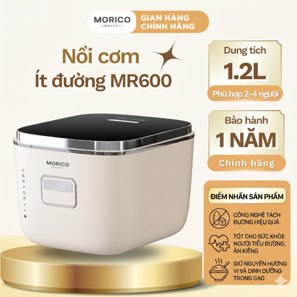 Nồi Cơm Ít Đường Morico MR600 – Công Nghệ Tách Đường 600 Lỗ, Inox 316, Mâm Nhiệt 3D, 12 Chế Độ