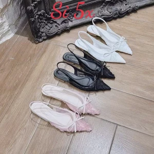 Giày sandal ren hoa hồng đính nơ mũi nhọn