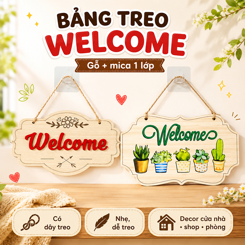 Bảng Treo Welcome Gỗ Mica Trang Trí Cửa Nhà Decor Phòng Shop - Habo Shop