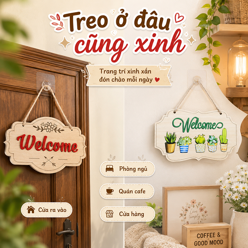 Bảng Treo Welcome Gỗ Mica Trang Trí Cửa Nhà Decor Phòng Shop - Habo Shop