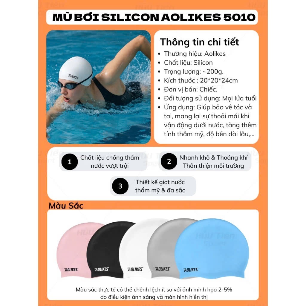 Mũ Bơi, Nón Bơi Người Lớn Silicone Chống Thấm Nước, Siêu Co Giãn, Bảo Vệ Tai Và Tóc AOLIKES 5010