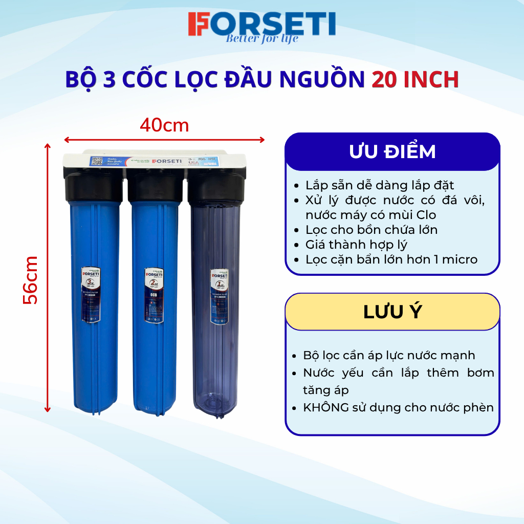 Bộ 3 Cốc Lọc Nước Đầu Nguồn 20 Inch Gầy FORSETI Ren 21 Hoặc Ren 27 Lắp Sẵn Đầy Đủ Phụ Kiện Kèm Lõi Lọc Nước Sinh Hoạt