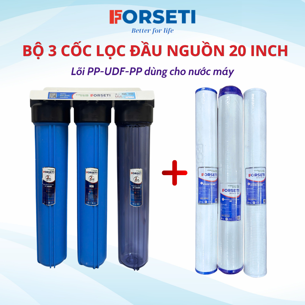Bộ 3 Cốc Lọc Nước Đầu Nguồn 20 Inch Gầy FORSETI Ren 21 Hoặc Ren 27 Lắp Sẵn Đầy Đủ Phụ Kiện Kèm Lõi Lọc Nước Sinh Hoạt