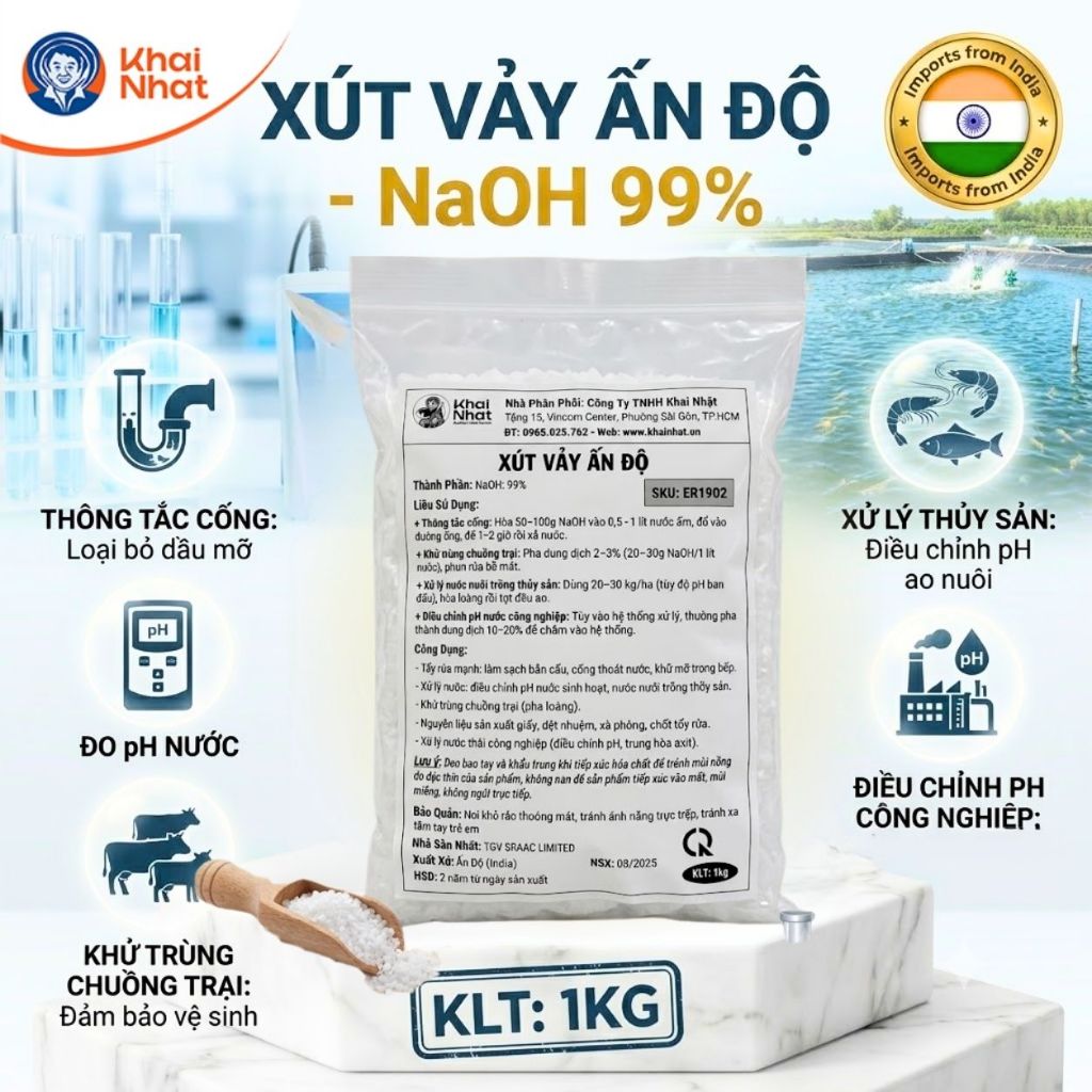 Xút Vảy Ấn Độ NaOH 99% Khai Nhật - Thông Tắc Cống, Tẩy Dầu Mỡ, Điều Chỉnh pH (Gói 1kg)