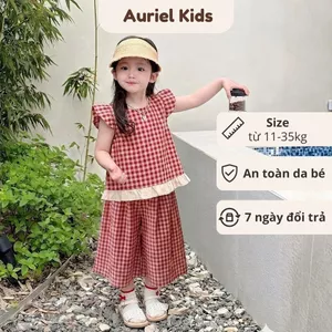 Đồ Bộ Bé Gái, Set Đồ Bé Gái Kẻ Caro Phối Bèo Mặc Dễ Thương Chất Liệu Cotton Thoáng Khí