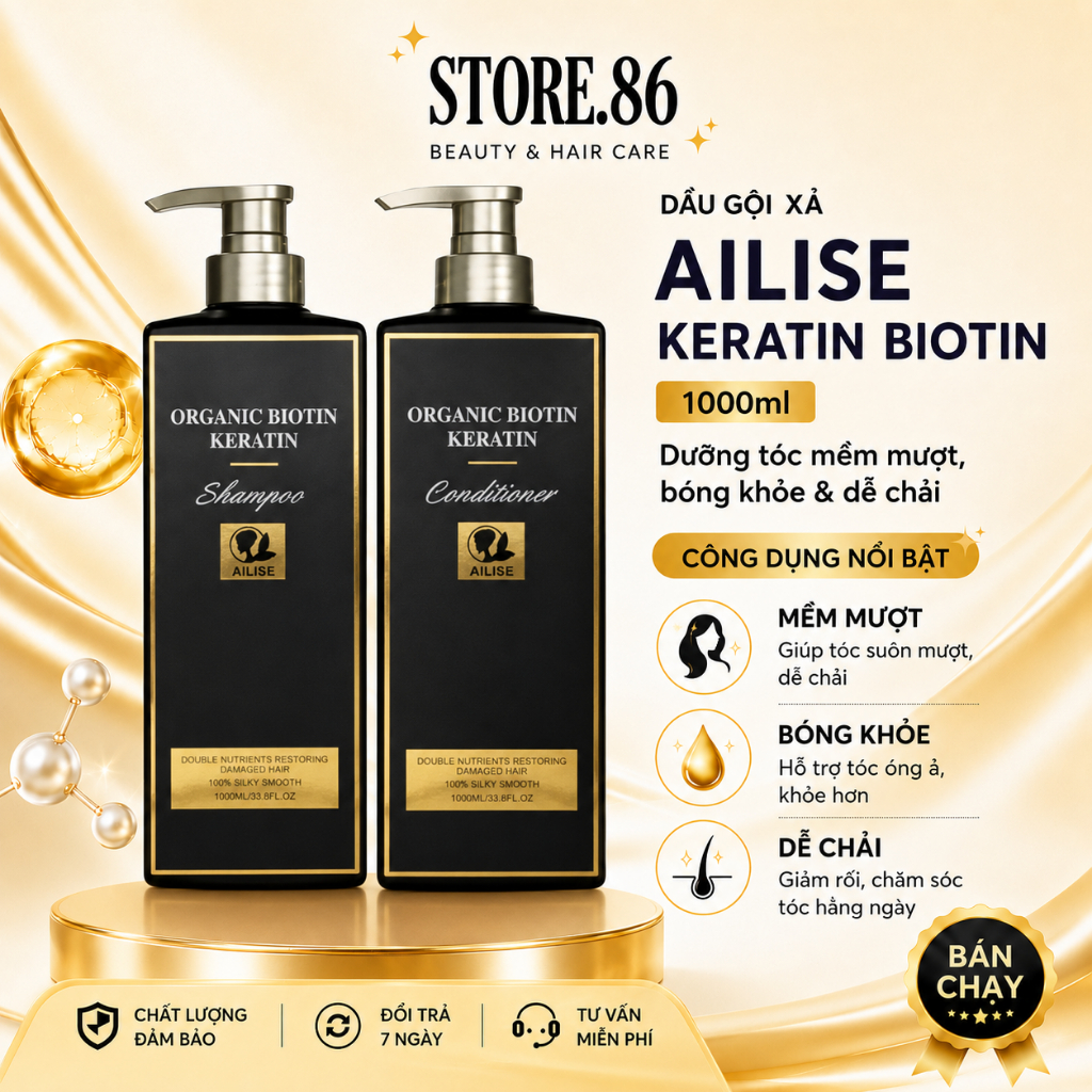 Dầu Gội Xả Ailise Keratin Biotin 1000ml | Chăm Sóc Tóc Khô Xơ, Mềm Mượt Chuẩn Salon