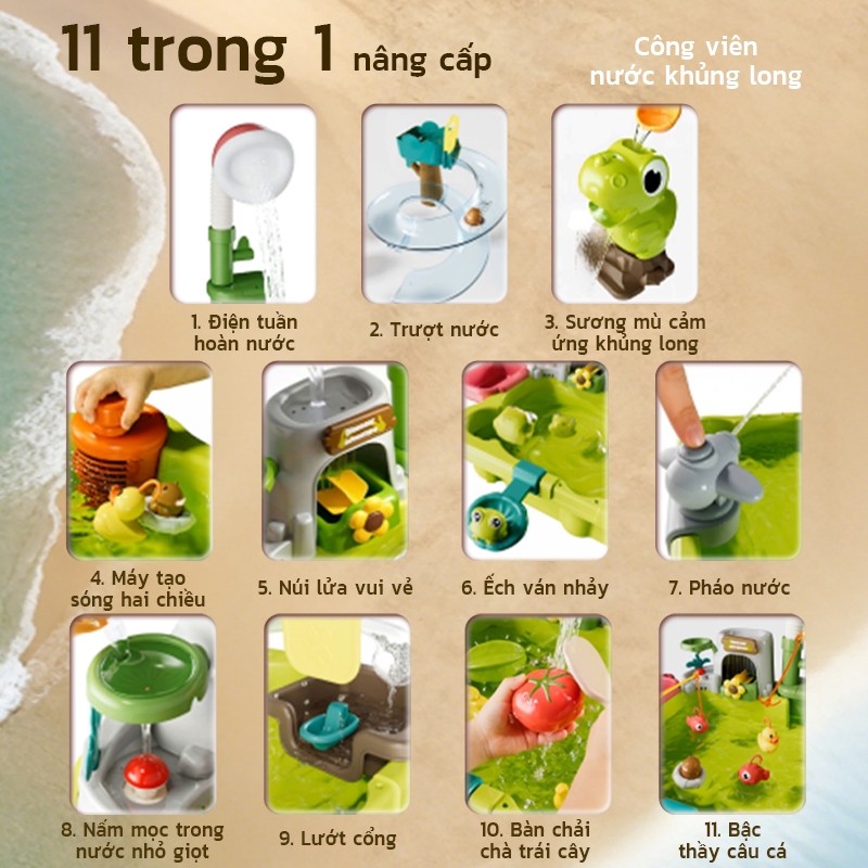 Bàn Chơi Nước Khủng Long Đa Năng Tại Nhà | Vòi Điện + Trượt Nước + Đánh Cá Cho Bé Chơi An Toàn