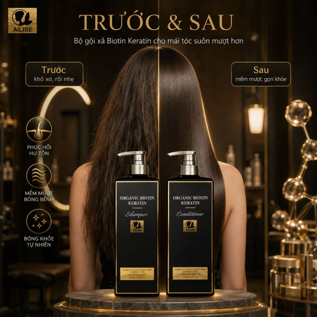 Dầu Gội Xả Ailise Keratin Biotin 1000ml | Chăm Sóc Tóc Khô Xơ, Mềm Mượt Chuẩn Salon