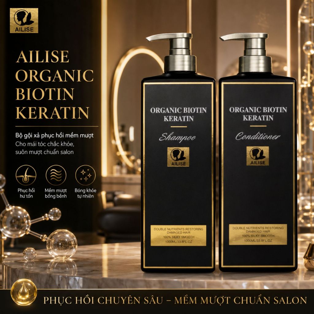Dầu Gội Xả Ailise Keratin Biotin 1000ml | Chăm Sóc Tóc Khô Xơ, Mềm Mượt Chuẩn Salon