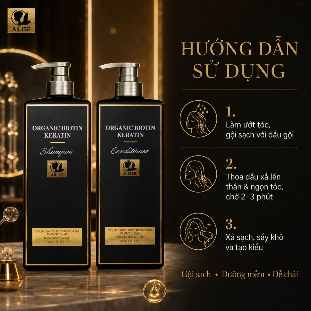 Dầu Gội Xả Ailise Keratin Biotin 1000ml | Chăm Sóc Tóc Khô Xơ, Mềm Mượt Chuẩn Salon