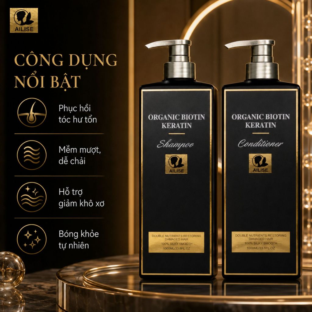 Dầu Gội Xả Ailise Keratin Biotin 1000ml | Chăm Sóc Tóc Khô Xơ, Mềm Mượt Chuẩn Salon