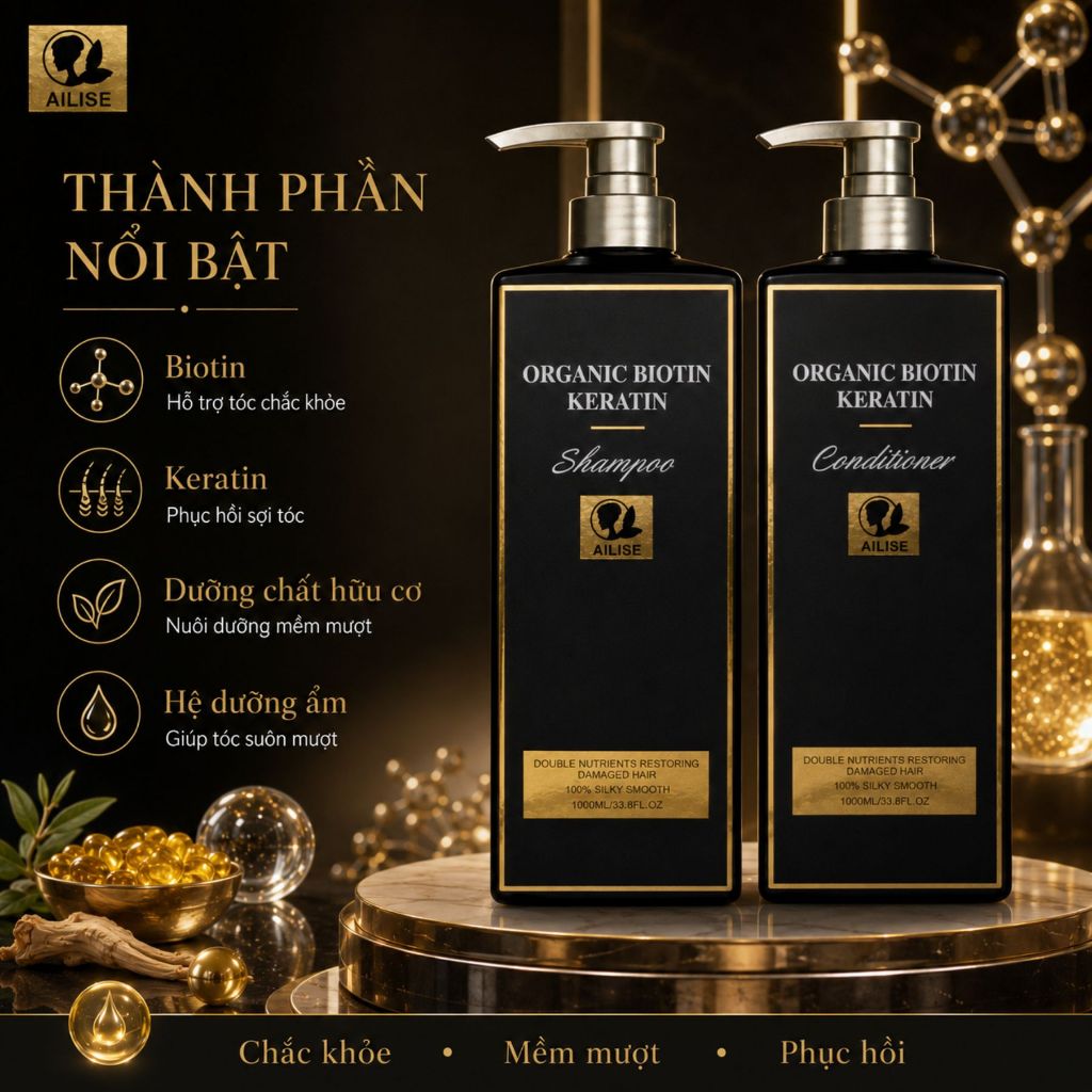 Dầu Gội Xả Ailise Keratin Biotin 1000ml | Chăm Sóc Tóc Khô Xơ, Mềm Mượt Chuẩn Salon