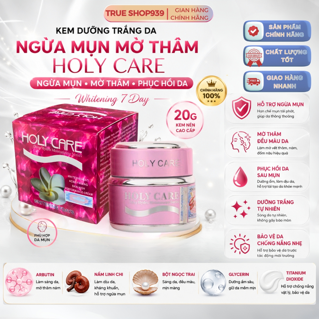 Kem dưỡng trắng da ngừa mụn HOLY CARE ANTI ACNE-FIRMING SKIN WHITENING 7 DAY 20g (Hồng)