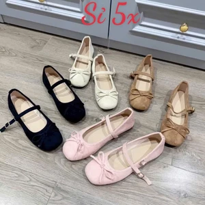 Giày búp bê nữ chất da lộn quai ngang mix nơ êm mềm chân