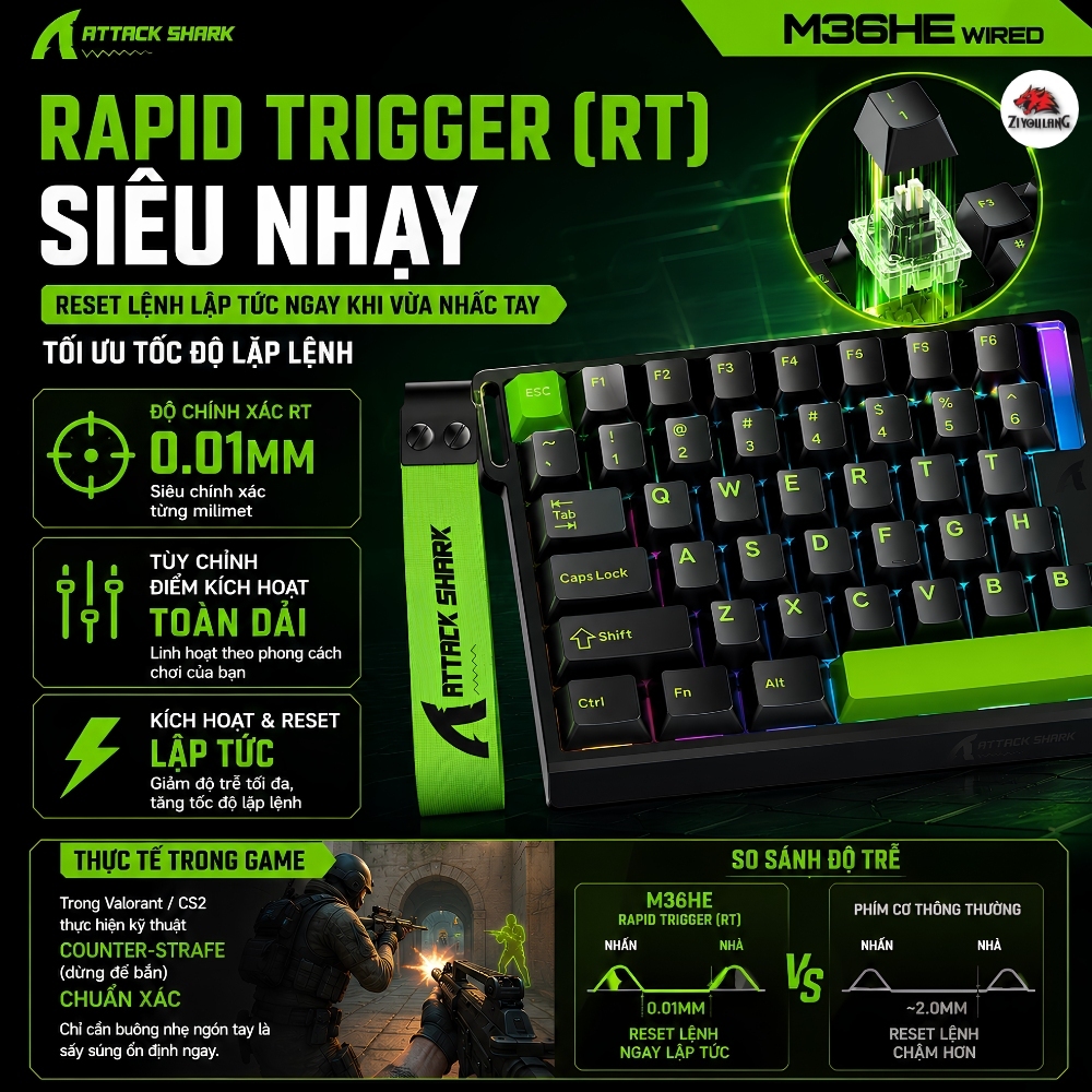 Bàn Phím Gaming Attack Shark M36HE Magnetic Switch - Rapid Trigger 0.01mm, 8.000Hz, RGB Esports | BigBuy360 - bigbuy360.vn