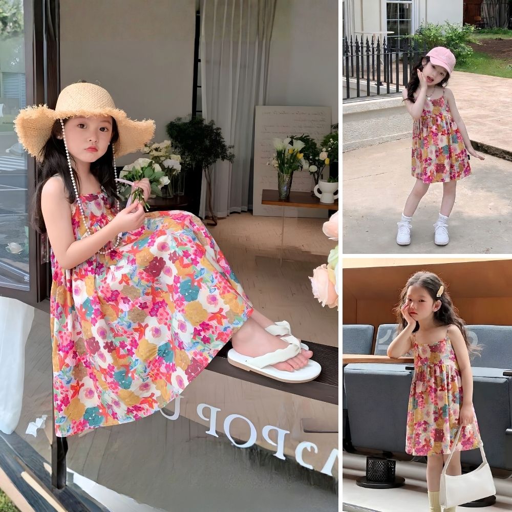Váy Cho Bé Gái,Váy Hai Dây  Mặc Hàng Ngày Họa Tiết Hoa Xinh Chất Liệu Thô Hàn Mềm Mại Thoáng Mát