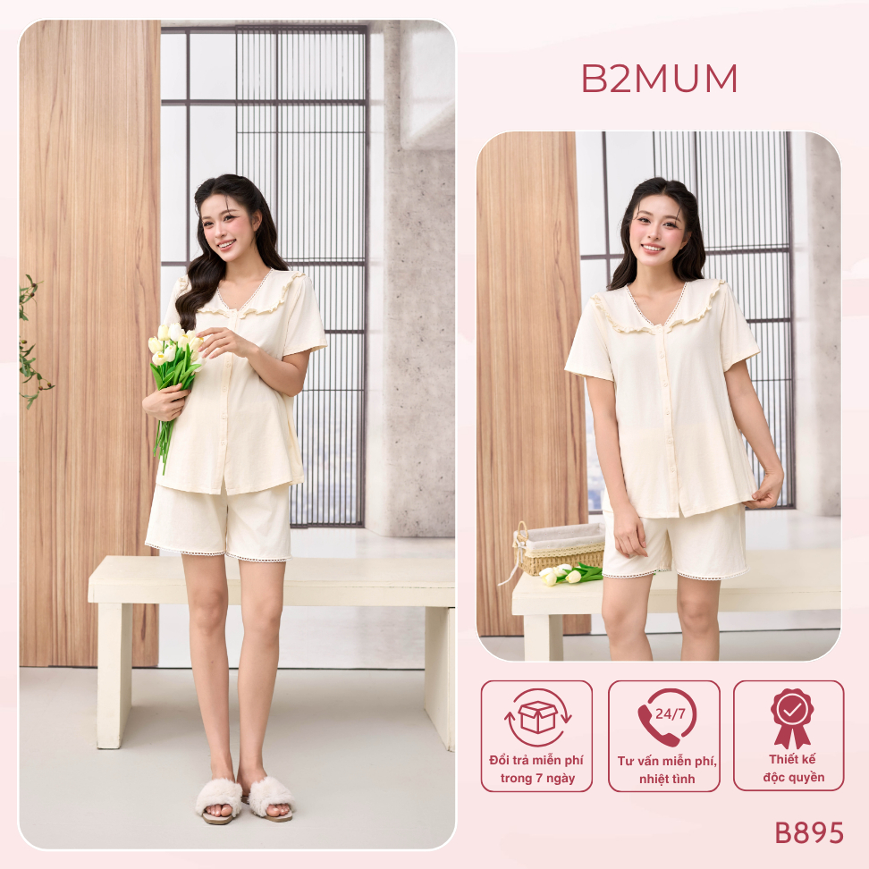 Bộ Bầu Cotton Sooc Phối Ren – Đồ Bộ Mặc Nhà Thoáng Mát Cho Mẹ Bầu & Sau Sinh, Có Chun Chỉnh Butter Set B895 B2MUM
