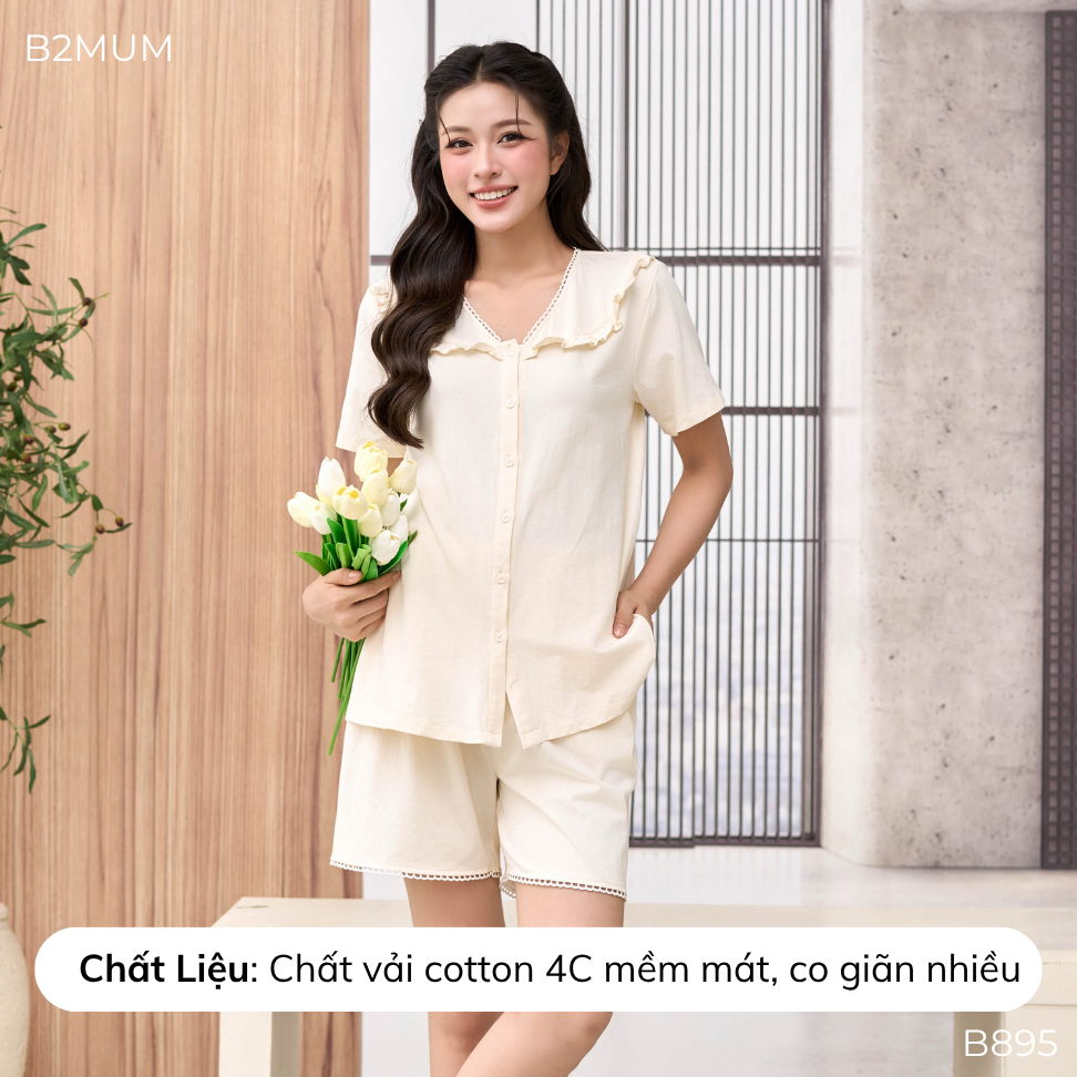 Bộ Bầu Cotton Sooc Phối Ren – Đồ Bộ Mặc Nhà Thoáng Mát Cho Mẹ Bầu & Sau Sinh, Có Chun Chỉnh Butter Set B895 B2MUM