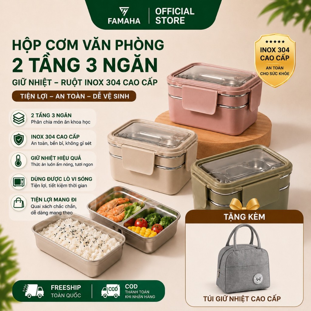 Hộp cơm văn phòng FAMAHA giữ nhiệt tốt, chia ngăn gọn gàng, dễ vệ sinh, quay được lò vi sóng.