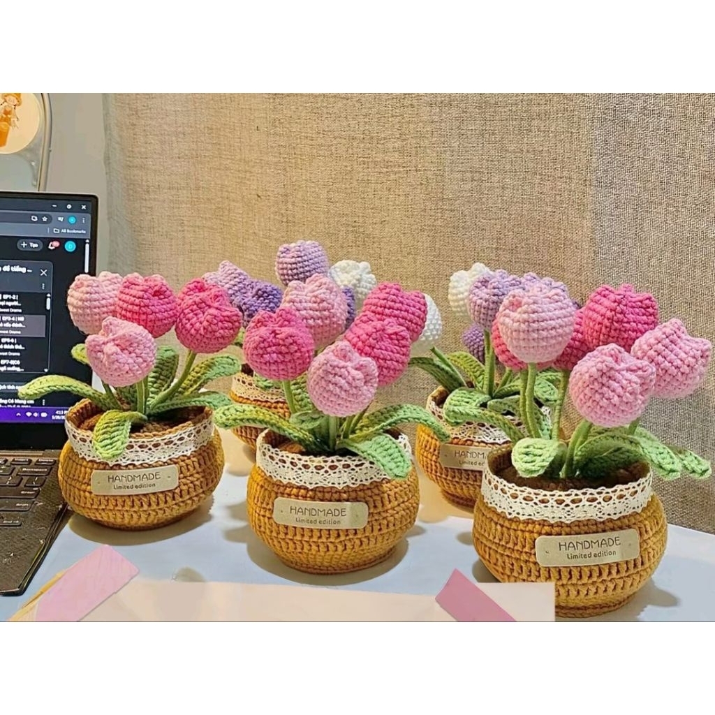 Chậu Hoa Tulip Len , Chậu Hoa Len Handmade