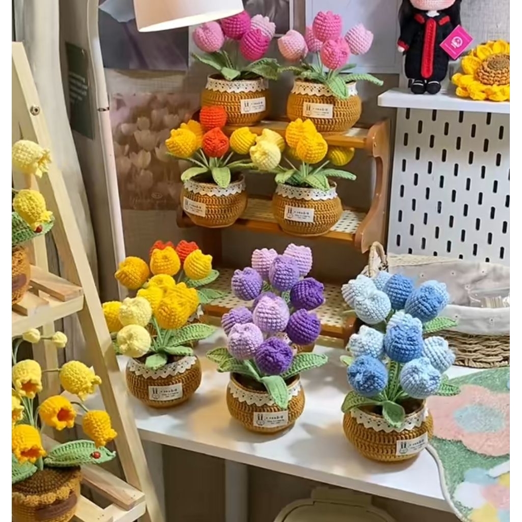 Chậu Hoa Tulip Len , Chậu Hoa Len Handmade