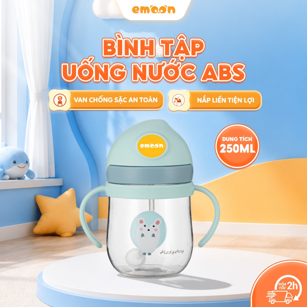 Bình nước cho bé Emoon 250ml ống hút silicone mềm chống sặc hỗ trợ bé uống nước an toàn