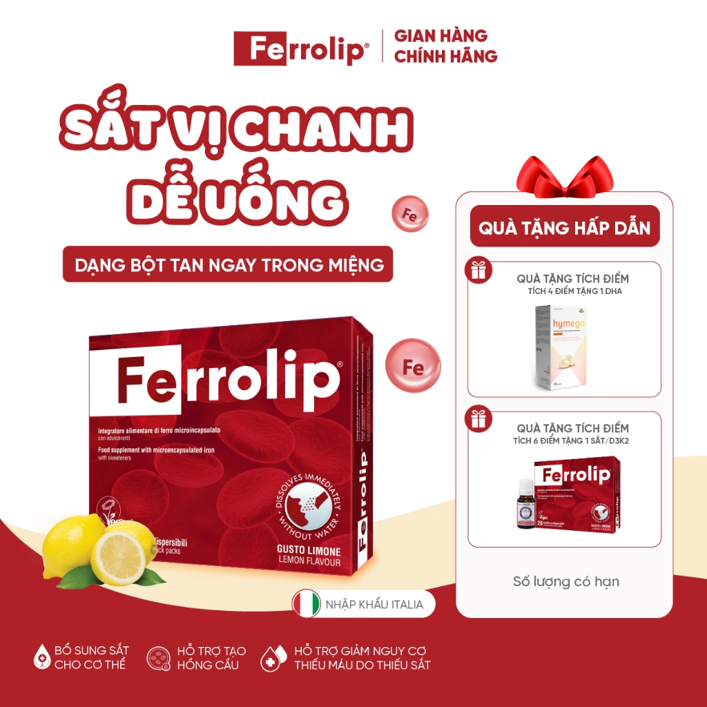 Sắt Ferrolip - Sắt ngon vị chanh dễ uống, dành cho mẹ bầu & người trưởng thành - Hộp 20 gói