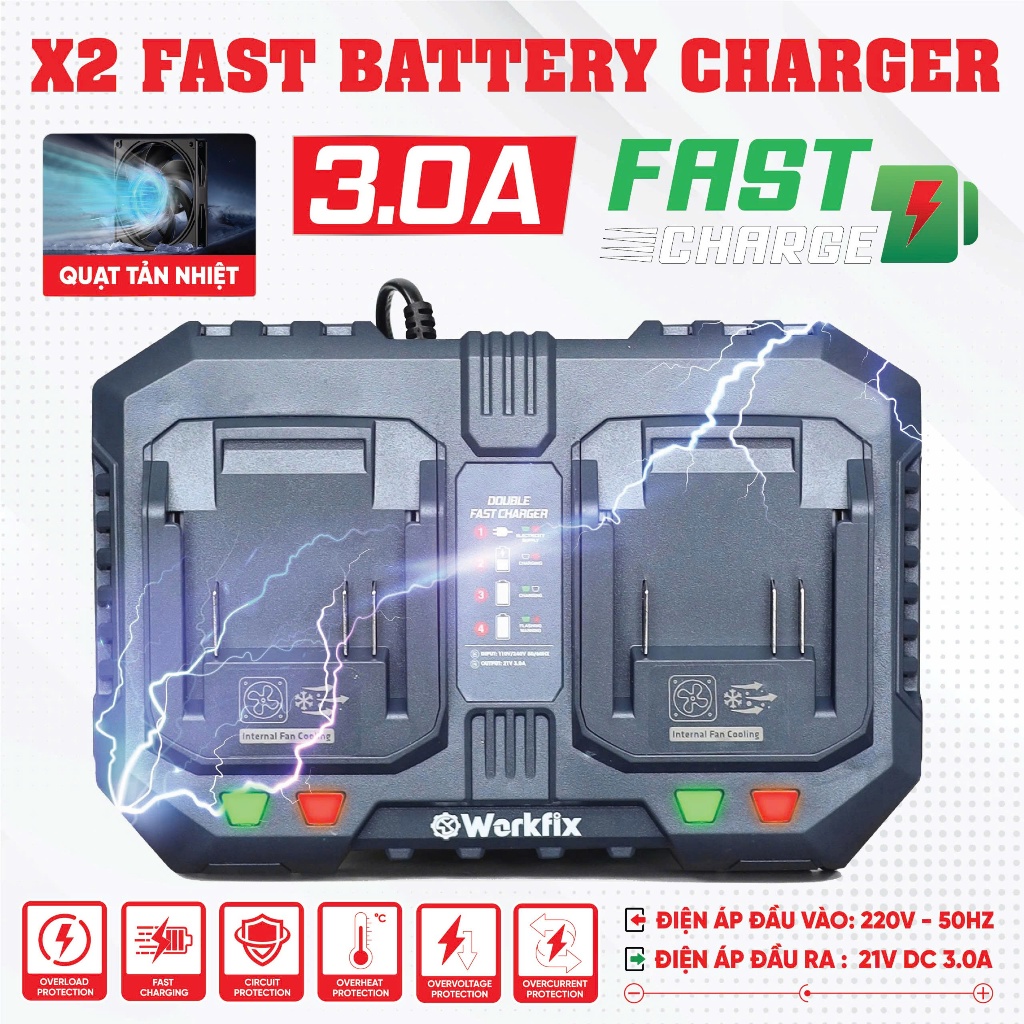 Đế sạc đôi Workfix WF-FC0203AF Có quạt tản nhiệt làm mát, chân pin phổ thông M21 - Phụ kiện máy khoan, máy vặn vít