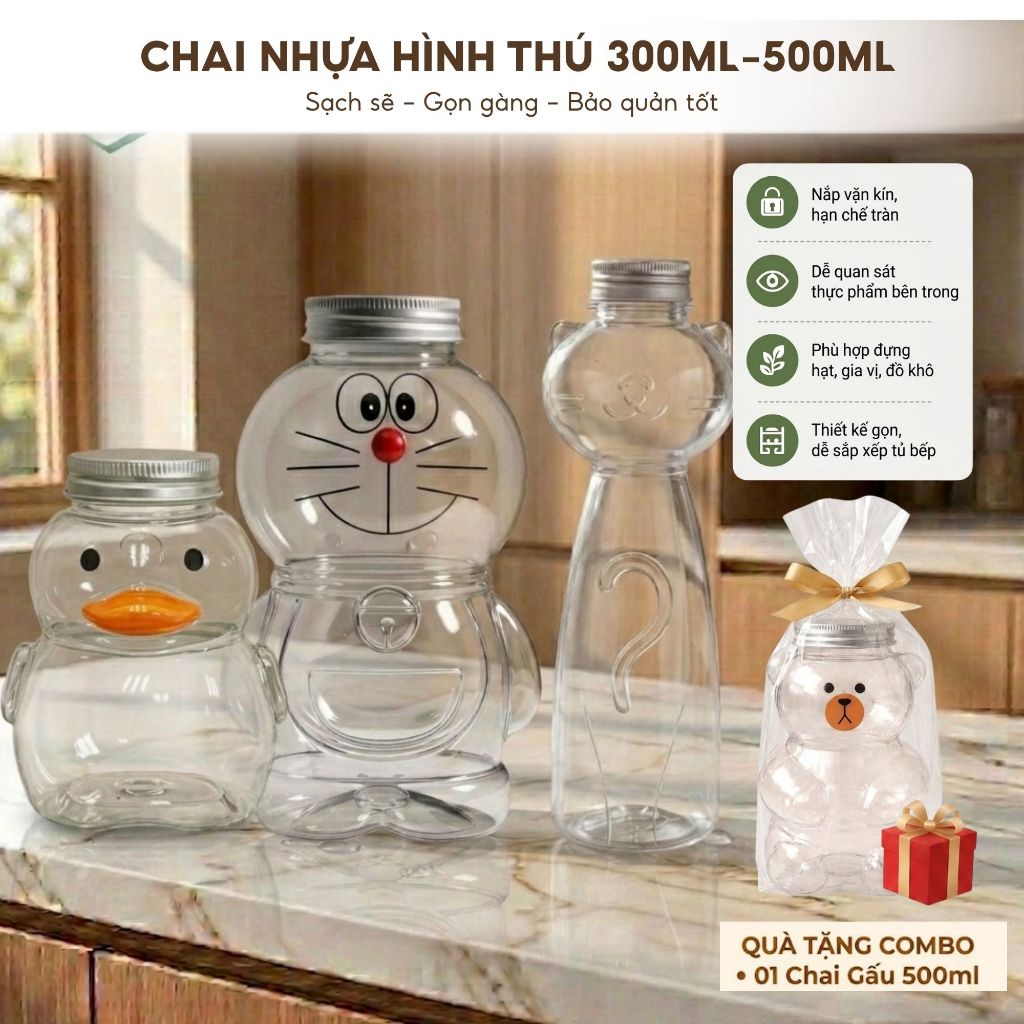 Combo 25 Chai Nhựa Hình Thú 300ml-500ml – Chai Đựng Trà Sữa, Nước Ép, Detox, Đồ Uống Take Away Kèm Nắp