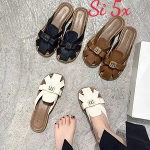 Dép sục nữ rọ đan nơ da mềm lì gắn nơ chữ M xinh